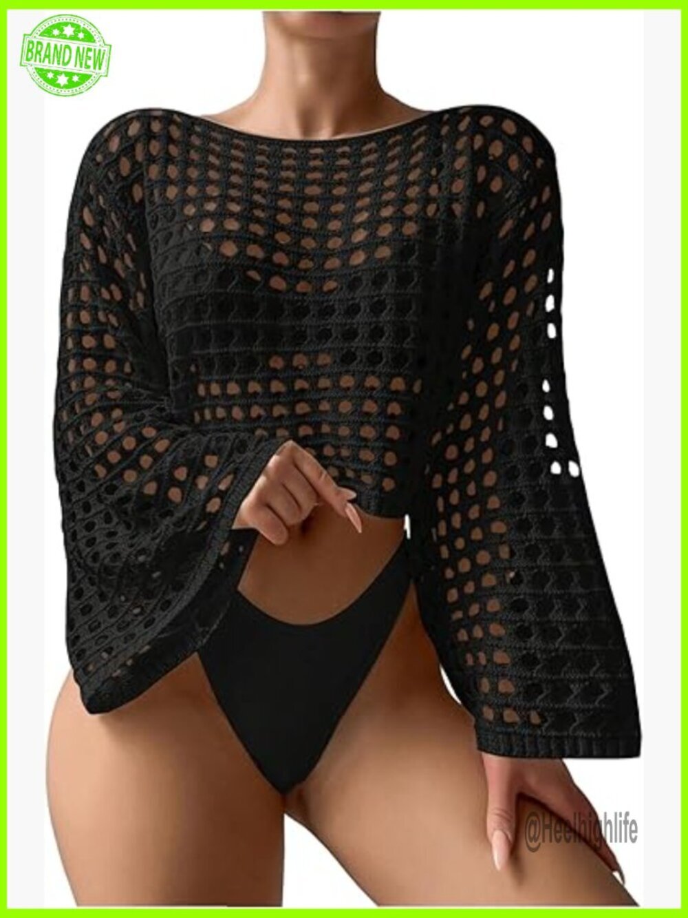 Crochet Long Sleeve Coverup Top, Hollow Out Knit, Beachwear, X-Large